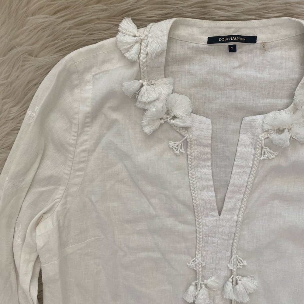 Kobi Halperin Linen Blend White Tassel Neckline Blouse Split Neck Tunic Top - Picture 3 of 14